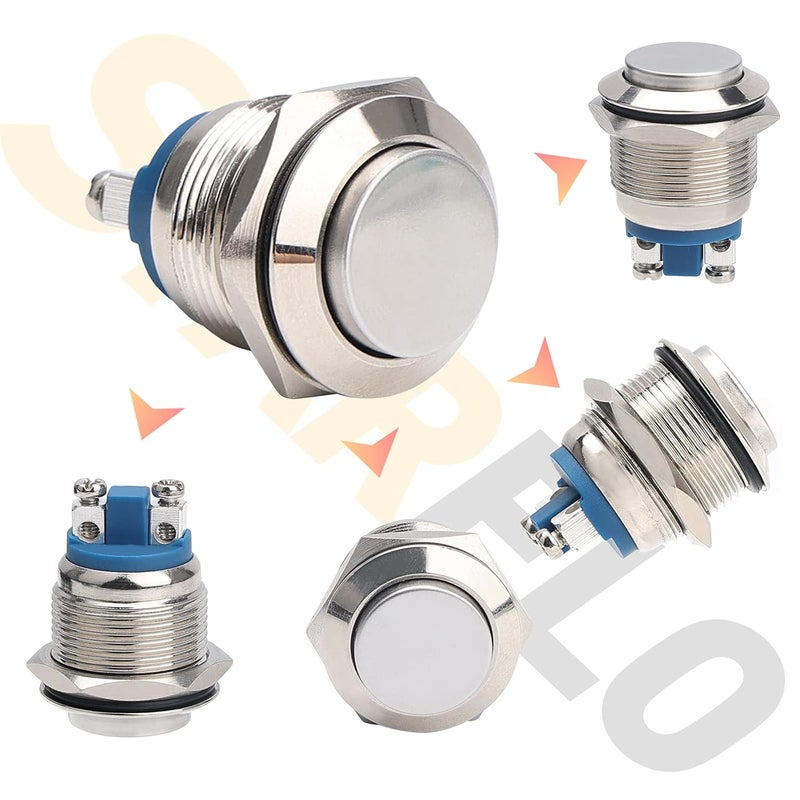 STARELO 5pcs 19mm Momentary Push Button Switch Sliver Shell, IP65 Waterproof Push Button Switch,Copper Shell 1 Normally Open Without LED. - Image 2